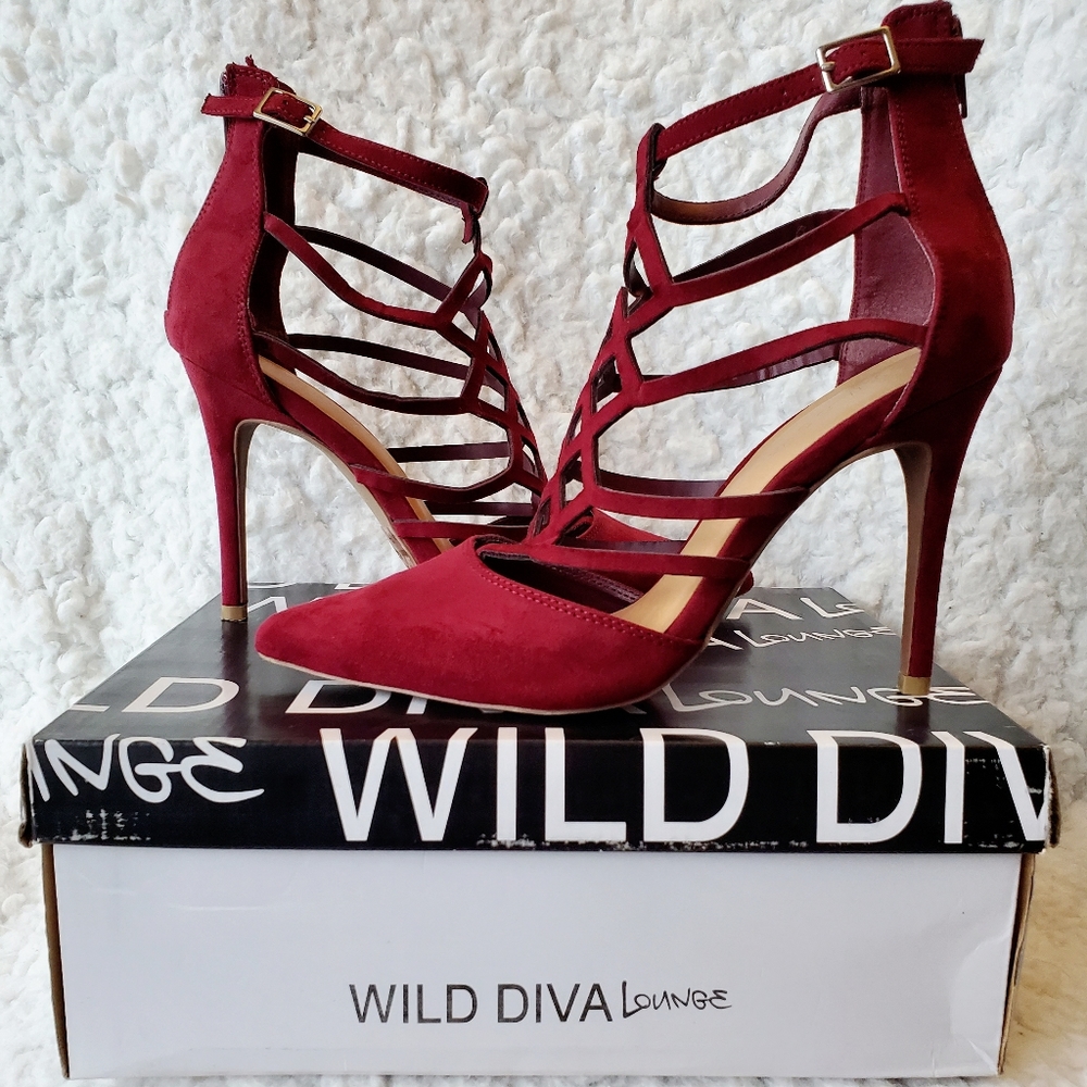 Burgundy faux suede sexy cut-out high heels